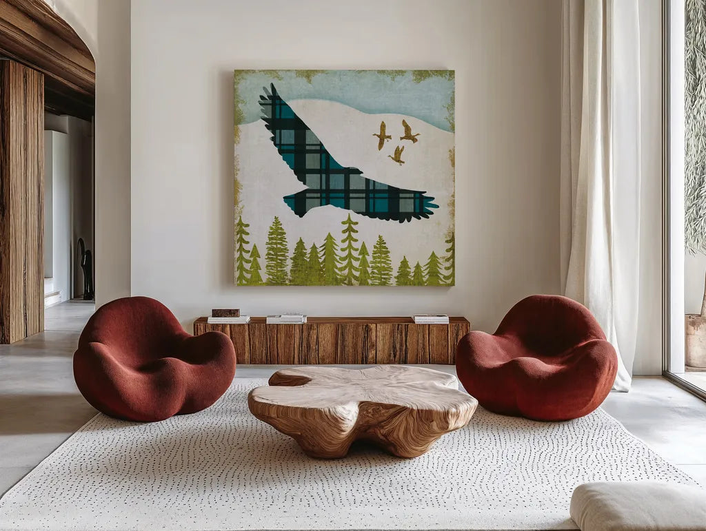Woodland Dwellers Eagle Plaid by Michael Mullan. Shown as extra-large giant wall art in a modern living room. Available as an archival giclee rolled canvas, fine art paper, or poster print. SKU 50498a.
