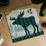 Woodland Dwellers Moose by Michael Mullan. Shown as a detailed flat fine art print, highlighting archival giclee quality. Available as an archival giclee rolled canvas, fine art paper, or poster print. SKU 41749a.