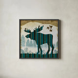 Woodland Dwellers Moose by Michael Mullan. Shown in a sleek black glass frame for a contemporary gallery look. Available as an archival giclee rolled canvas, fine art paper, or poster print. SKU 41749a.