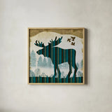 Woodland Dwellers Moose by Michael Mullan. Shown in a natural wood glass frame for a timeless modern aesthetic. Available as an archival giclee rolled canvas, fine art paper, or poster print. SKU 41749a.