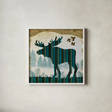 Woodland Dwellers Moose by Michael Mullan. Shown in a crisp white glass frame for a clean and minimalist style. Available as an archival giclee rolled canvas, fine art paper, or poster print. SKU 41749a.