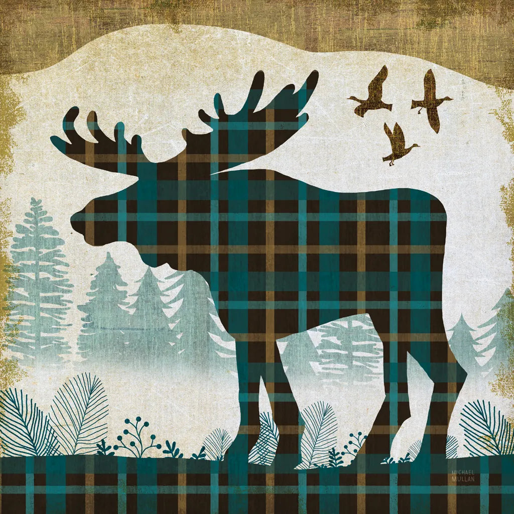 Woodland Dwellers Moose Plaid by Michael Mullan. SKU 50499a. Archival Giclee Fine art print for wall decor.
