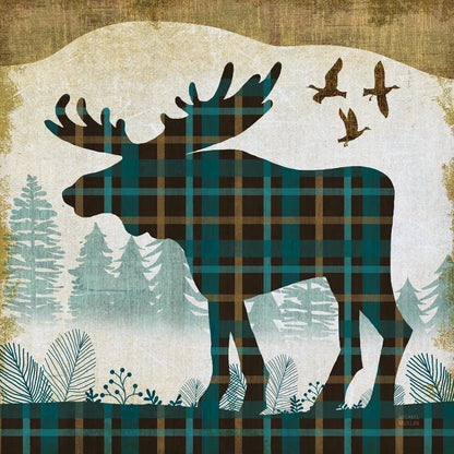 Woodland Dwellers Moose Plaid by Michael Mullan. SKU 50499a. Archival Giclee Fine art print for wall decor.