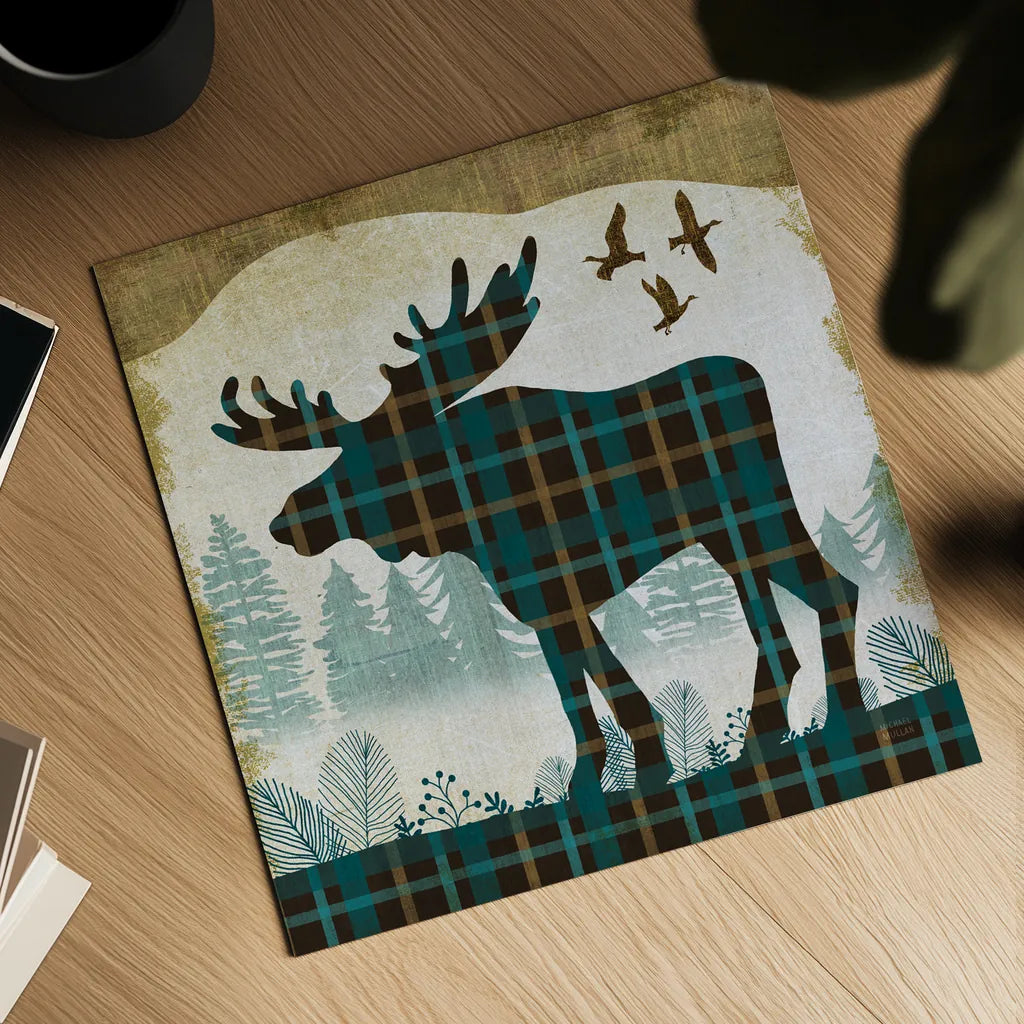 Woodland Dwellers Moose Plaid by Michael Mullan. Shown as a detailed flat fine art print, highlighting archival giclee quality. Available as an archival giclee rolled canvas, fine art paper, or poster print. SKU 50499a.