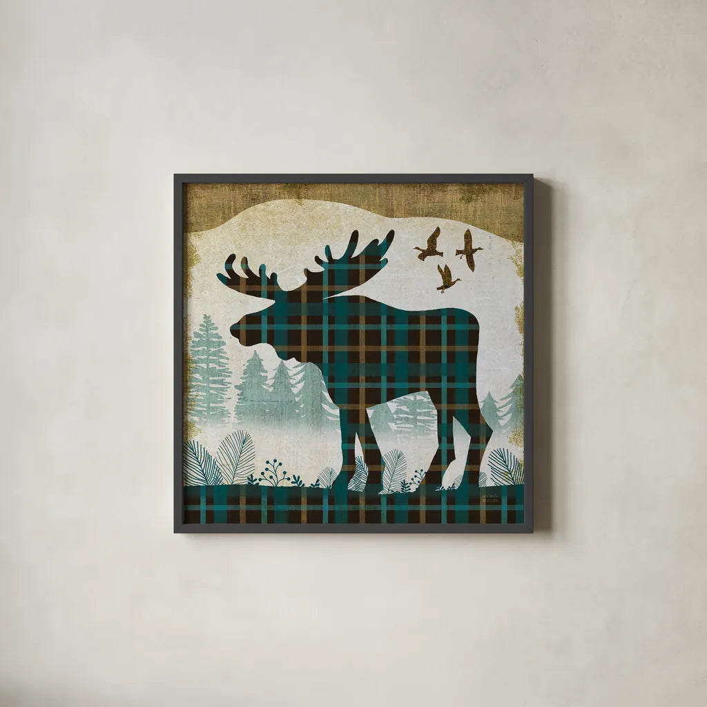 Woodland Dwellers Moose Plaid by Michael Mullan. Shown in a sleek black glass frame for a contemporary gallery look. Available as an archival giclee rolled canvas, fine art paper, or poster print. SKU 50499a.