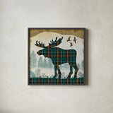 Woodland Dwellers Moose Plaid by Michael Mullan. Shown in a sleek black glass frame for a contemporary gallery look. Available as an archival giclee rolled canvas, fine art paper, or poster print. SKU 50499a.