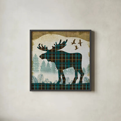 Woodland Dwellers Moose Plaid by Michael Mullan. Shown in a sleek black glass frame for a contemporary gallery look. Available as an archival giclee rolled canvas, fine art paper, or poster print. SKU 50499a.