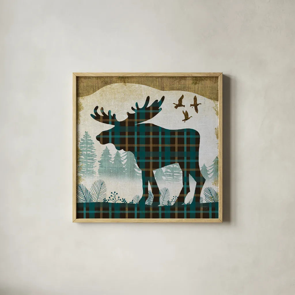Woodland Dwellers Moose Plaid by Michael Mullan. Shown in a natural wood glass frame for a timeless modern aesthetic. Available as an archival giclee rolled canvas, fine art paper, or poster print. SKU 50499a.