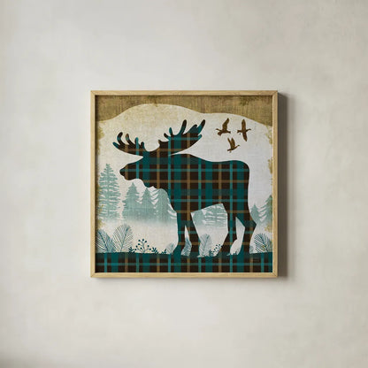 Woodland Dwellers Moose Plaid by Michael Mullan. Shown in a natural wood glass frame for a timeless modern aesthetic. Available as an archival giclee rolled canvas, fine art paper, or poster print. SKU 50499a.