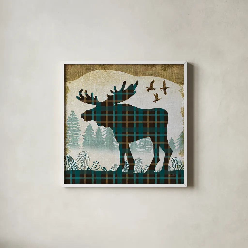 Woodland Dwellers Moose Plaid by Michael Mullan. Shown in a crisp white glass frame for a clean and minimalist style. Available as an archival giclee rolled canvas, fine art paper, or poster print. SKU 50499a.