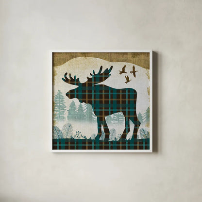Woodland Dwellers Moose Plaid by Michael Mullan. Shown in a crisp white glass frame for a clean and minimalist style. Available as an archival giclee rolled canvas, fine art paper, or poster print. SKU 50499a.