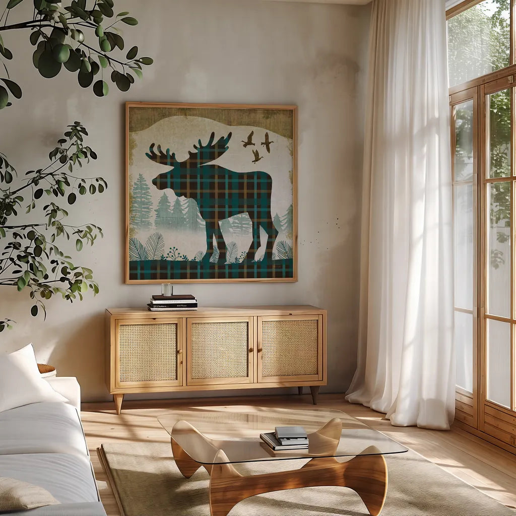Woodland Dwellers Moose Plaid by Michael Mullan. Shown in a natural wood frame in a cozy modern living room. Available as an archival giclee rolled canvas, fine art paper, or poster print. SKU 50499a.