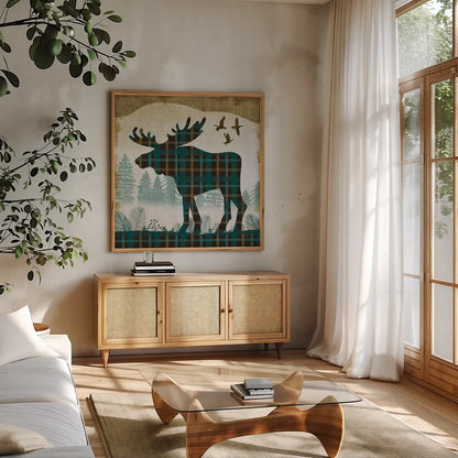 Woodland Dwellers Moose Plaid by Michael Mullan. Shown in a natural wood frame in a cozy modern living room. Available as an archival giclee rolled canvas, fine art paper, or poster print. SKU 50499a.