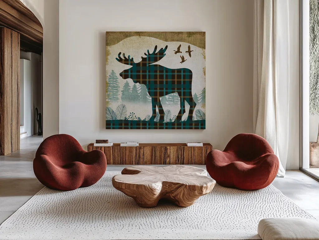 Woodland Dwellers Moose Plaid by Michael Mullan. Shown as extra-large giant wall art in a modern living room. Available as an archival giclee rolled canvas, fine art paper, or poster print. SKU 50499a.