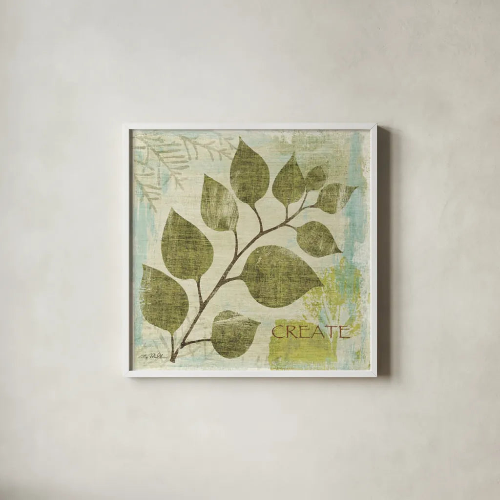 Woodland Thoughts III by Michael Mullan. Shown in a crisp white glass frame for a clean and minimalist style. Available as an archival giclee rolled canvas, fine art paper, or poster print. SKU 4538a.