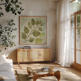 Woodland Thoughts III by Michael Mullan. Shown in a natural wood frame in a cozy modern living room. Available as an archival giclee rolled canvas, fine art paper, or poster print. SKU 4538a.