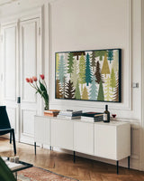 Woodland Trees by Michael Mullan. shown as a framed stretched canvas in a living room above a console. Available as a archival giclee rolled canvas, fine art paper, or poster print. SKU 50500i.