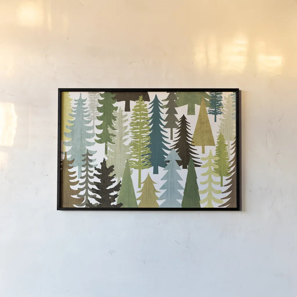 Woodland Trees by Michael Mullan. shown as a paper print in a black flame. Available as a archival giclee rolled canvas, fine art paper, or poster print. SKU 50500i.