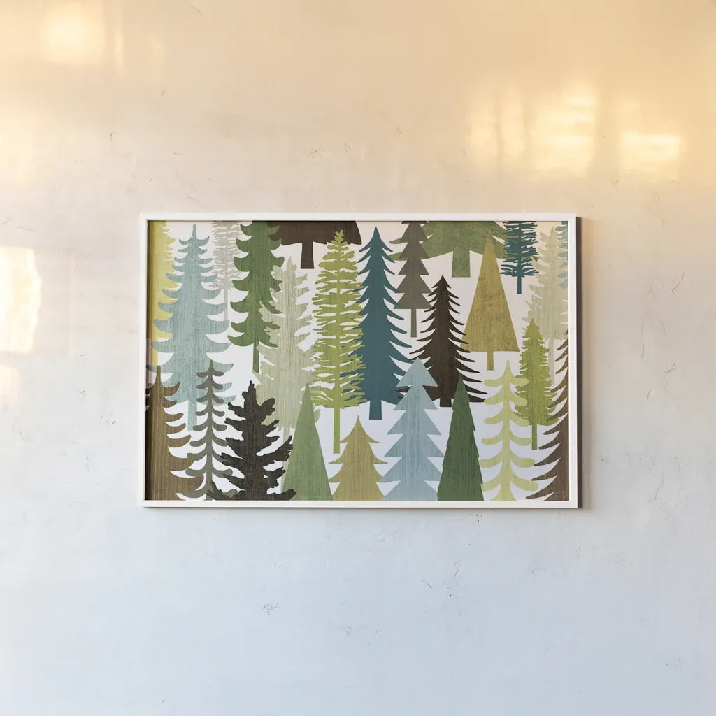 Woodland Trees by Michael Mullan. shown as a paper print in a white frame. Available as a archival giclee rolled canvas, fine art paper, or poster print. SKU 50500i.