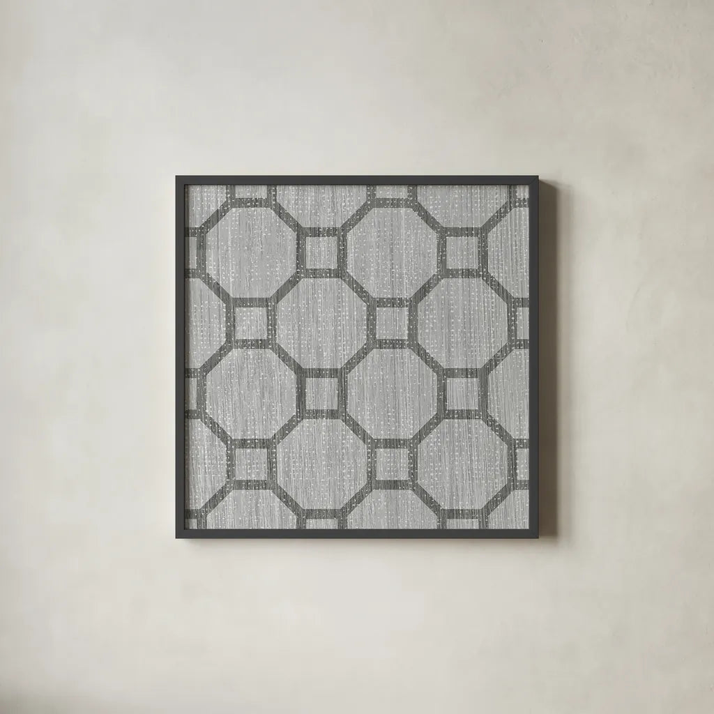 Yellow Gray Lattice Tile IV by Michael Mullan. Shown in a sleek black glass frame for a contemporary gallery look. Available as an archival giclee rolled canvas, fine art paper, or poster print. SKU 51270a.