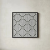 Yellow Gray Lattice Tile IV by Michael Mullan. Shown in a sleek black glass frame for a contemporary gallery look. Available as an archival giclee rolled canvas, fine art paper, or poster print. SKU 51270a.