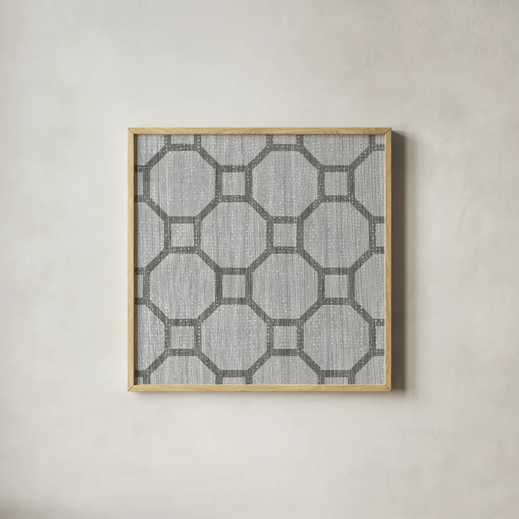 Yellow Gray Lattice Tile IV by Michael Mullan. Shown in a natural wood glass frame for a timeless modern aesthetic. Available as an archival giclee rolled canvas, fine art paper, or poster print. SKU 51270a.