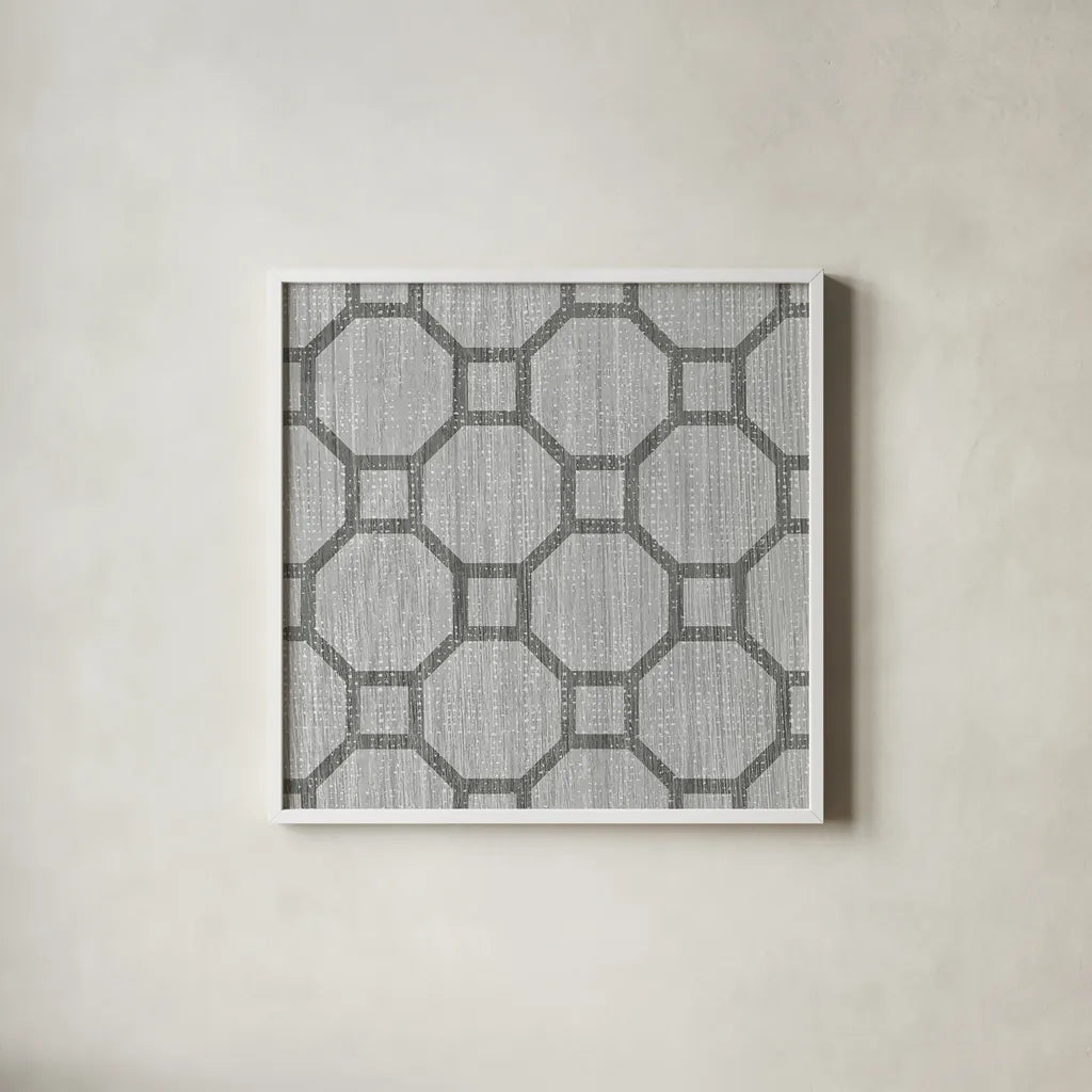 Yellow Gray Lattice Tile IV by Michael Mullan. Shown in a crisp white glass frame for a clean and minimalist style. Available as an archival giclee rolled canvas, fine art paper, or poster print. SKU 51270a.