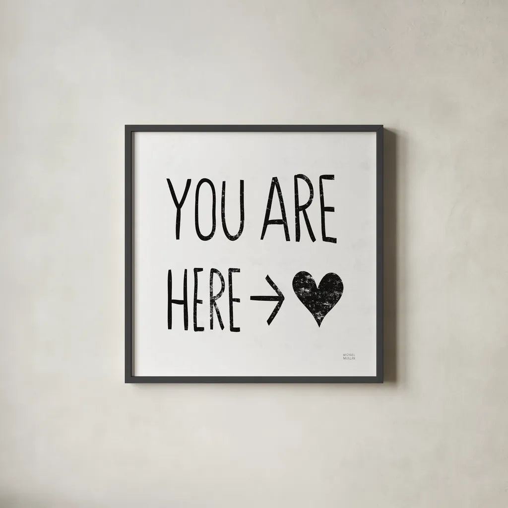 You Are Here Sq BW by Michael Mullan. Shown in a sleek black glass frame for a contemporary gallery look. Available as an archival giclee rolled canvas, fine art paper, or poster print. SKU 54658a.