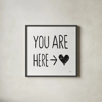You Are Here Sq BW by Michael Mullan. Shown in a sleek black glass frame for a contemporary gallery look. Available as an archival giclee rolled canvas, fine art paper, or poster print. SKU 54658a.