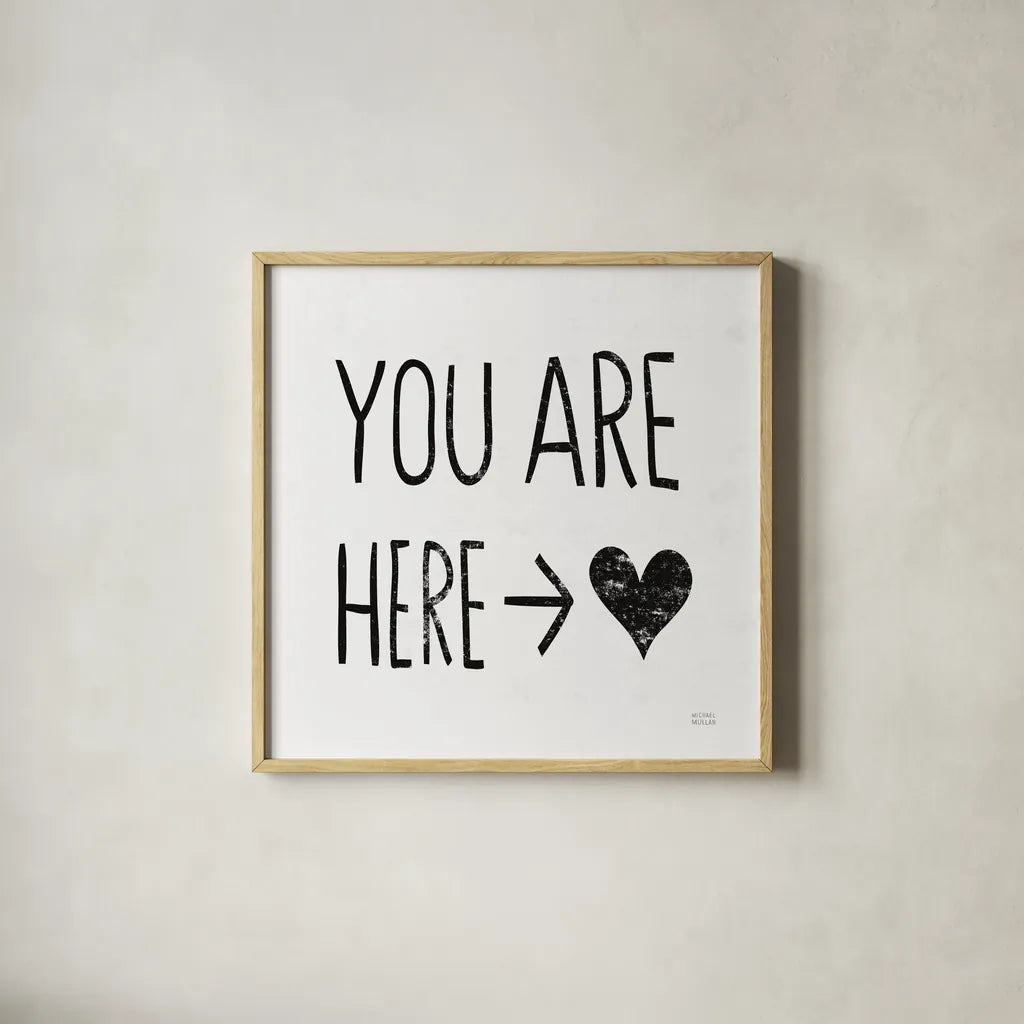 You Are Here Sq BW by Michael Mullan. Shown in a natural wood glass frame for a timeless modern aesthetic. Available as an archival giclee rolled canvas, fine art paper, or poster print. SKU 54658a.