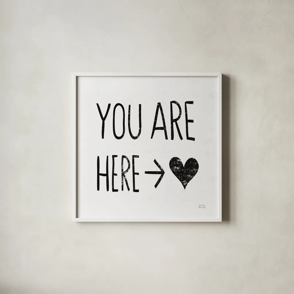 You Are Here Sq BW by Michael Mullan. Shown in a crisp white glass frame for a clean and minimalist style. Available as an archival giclee rolled canvas, fine art paper, or poster print. SKU 54658a.