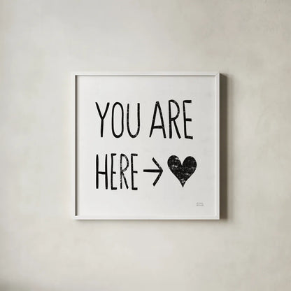 You Are Here Sq BW by Michael Mullan. Shown in a crisp white glass frame for a clean and minimalist style. Available as an archival giclee rolled canvas, fine art paper, or poster print. SKU 54658a.