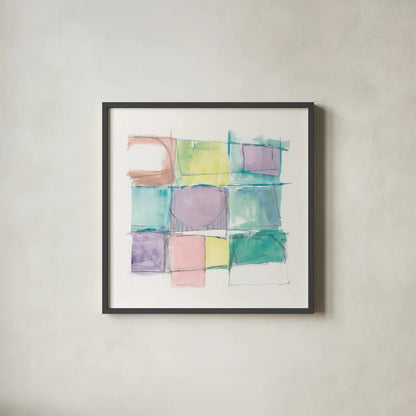 131 West 3rd Street Sq II on White Pastel by Mike Schick. Shown in a sleek black glass frame for a contemporary gallery look. Available as an archival giclee rolled canvas, fine art paper, or poster print. SKU 51980a.