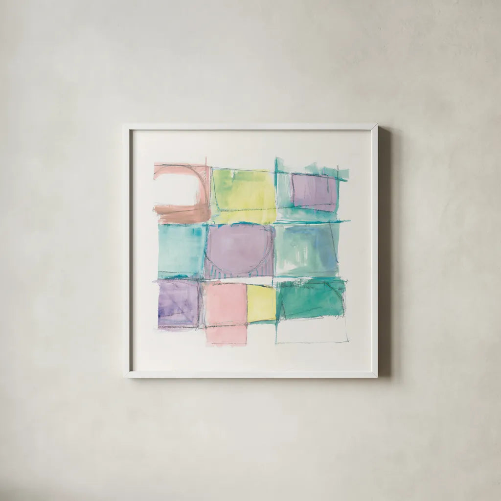 131 West 3rd Street Sq II on White Pastel by Mike Schick. Shown in a crisp white glass frame for a clean and minimalist style. Available as an archival giclee rolled canvas, fine art paper, or poster print. SKU 51980a.