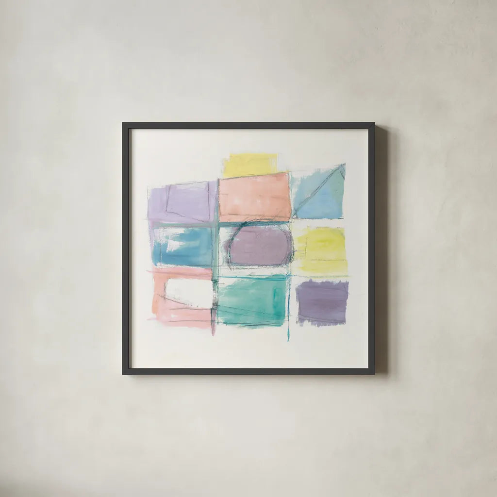 131 West 3rd Street Sq III on White Pastel by Mike Schick. Shown in a sleek black glass frame for a contemporary gallery look. Available as an archival giclee rolled canvas, fine art paper, or poster print. SKU 51981a.