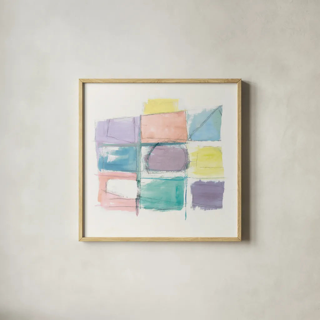 131 West 3rd Street Sq III on White Pastel by Mike Schick. Shown in a natural wood glass frame for a timeless modern aesthetic. Available as an archival giclee rolled canvas, fine art paper, or poster print. SKU 51981a.