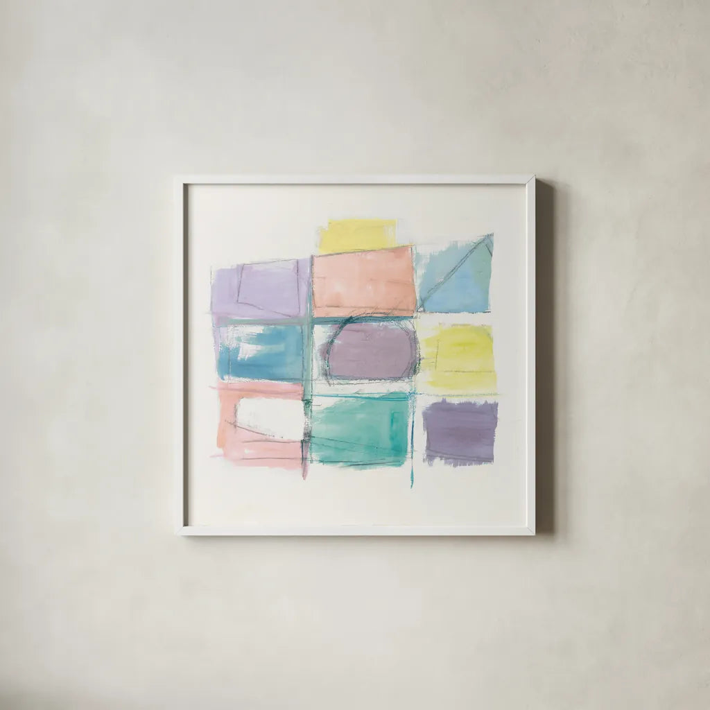 131 West 3rd Street Sq III on White Pastel by Mike Schick. Shown in a crisp white glass frame for a clean and minimalist style. Available as an archival giclee rolled canvas, fine art paper, or poster print. SKU 51981a.