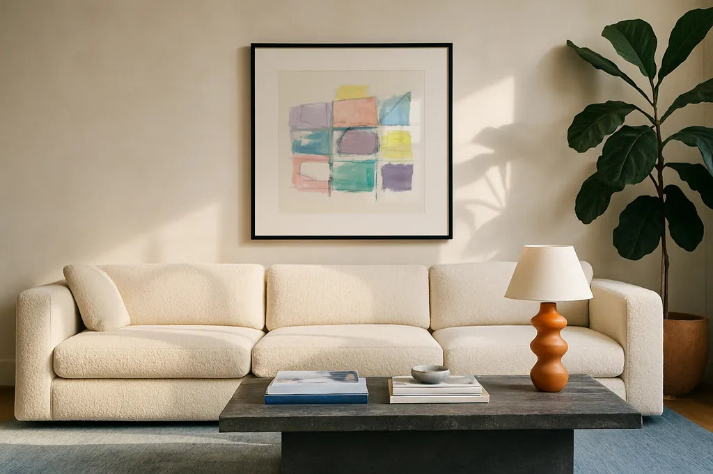 131 West 3rd Street Sq III on White Pastel by Mike Schick. Displayed in a glass frame with matte in a clean modern living room. Available as an archival giclee rolled canvas, fine art paper, or poster print. SKU 51981a.