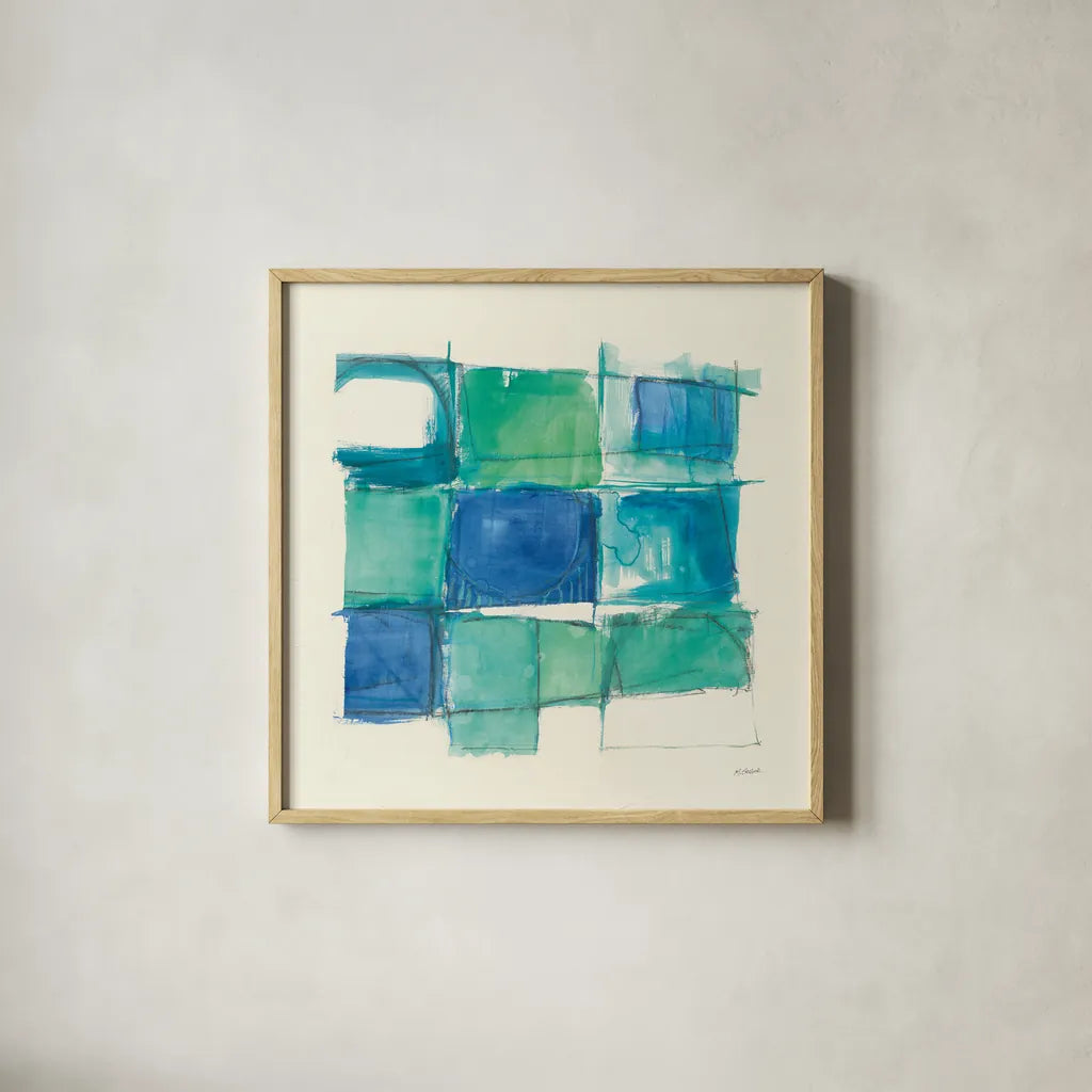 131 West 3rd Street Square II by Mike Schick. Shown in a natural wood glass frame for a timeless modern aesthetic. Available as an archival giclee rolled canvas, fine art paper, or poster print. SKU 16623a.