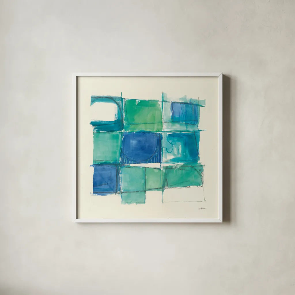 131 West 3rd Street Square II by Mike Schick. Shown in a crisp white glass frame for a clean and minimalist style. Available as an archival giclee rolled canvas, fine art paper, or poster print. SKU 16623a.