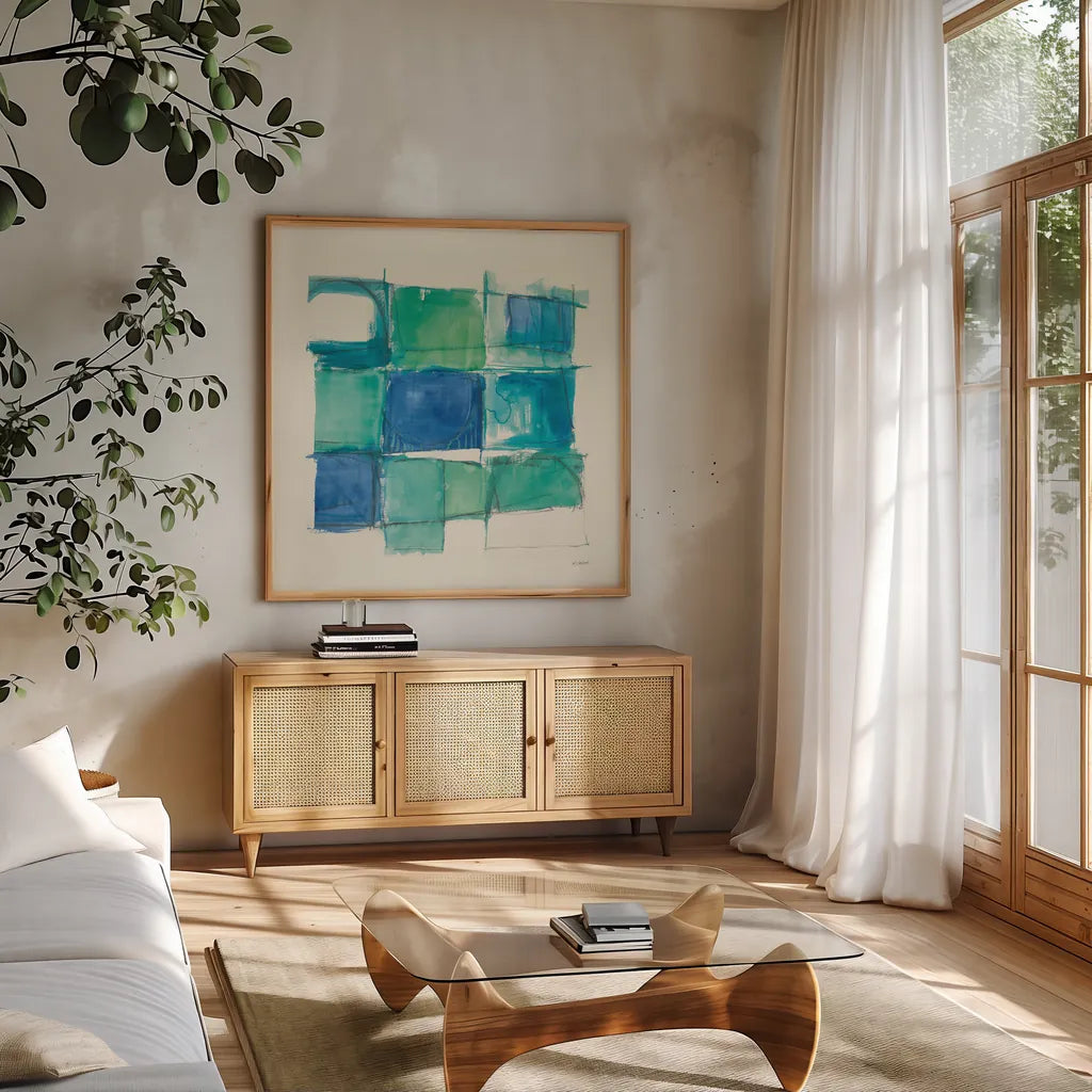 131 West 3rd Street Square II by Mike Schick. Shown in a natural wood frame in a cozy modern living room. Available as an archival giclee rolled canvas, fine art paper, or poster print. SKU 16623a.