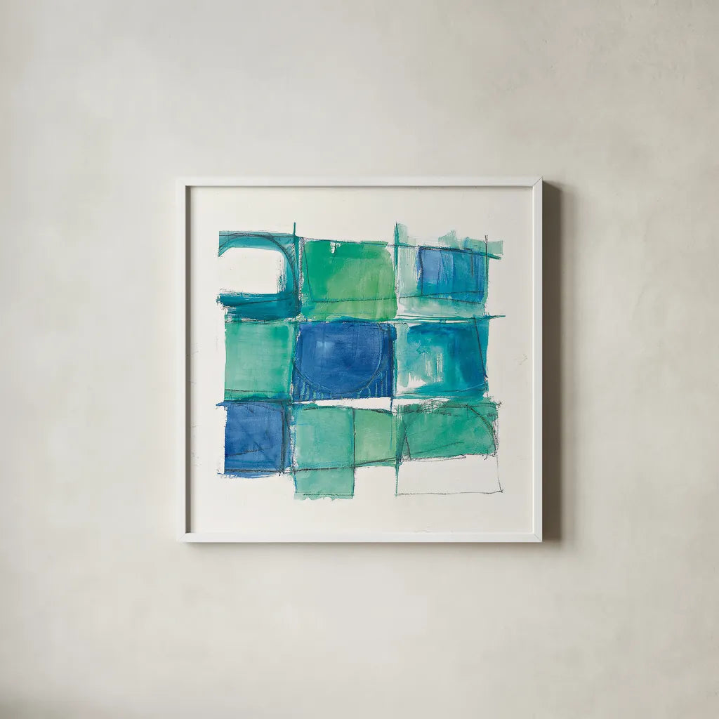 131 West 3rd Street Square II on White by Mike Schick. Shown in a crisp white glass frame for a clean and minimalist style. Available as an archival giclee rolled canvas, fine art paper, or poster print. SKU 25705a.