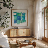 131 West 3rd Street Square II on White by Mike Schick. Shown in a natural wood frame in a cozy modern living room. Available as an archival giclee rolled canvas, fine art paper, or poster print. SKU 25705a.