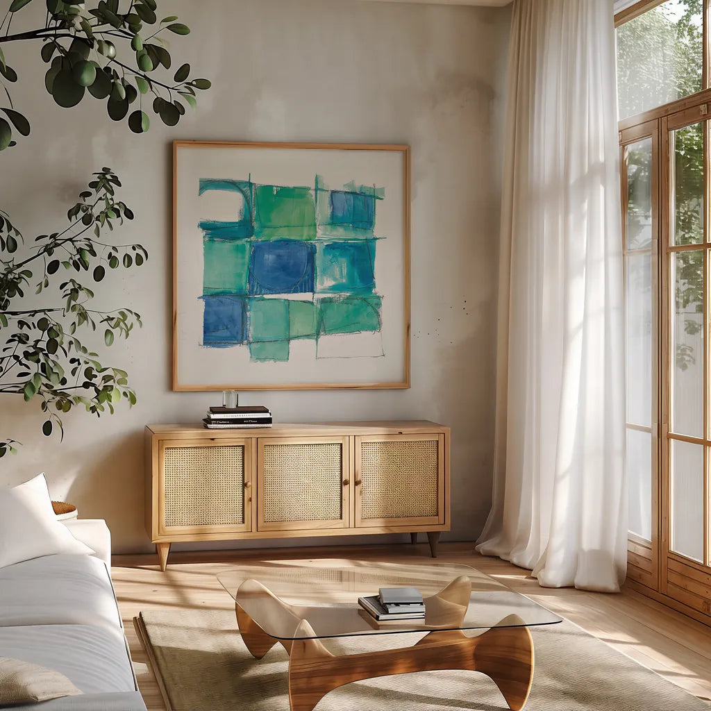 131 West 3rd Street Square II on White by Mike Schick. Shown in a natural wood frame in a cozy modern living room. Available as an archival giclee rolled canvas, fine art paper, or poster print. SKU 25705a.