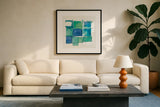 131 West 3rd Street Square II on White by Mike Schick. Displayed in a glass frame with matte in a clean modern living room. Available as an archival giclee rolled canvas, fine art paper, or poster print. SKU 25705a.