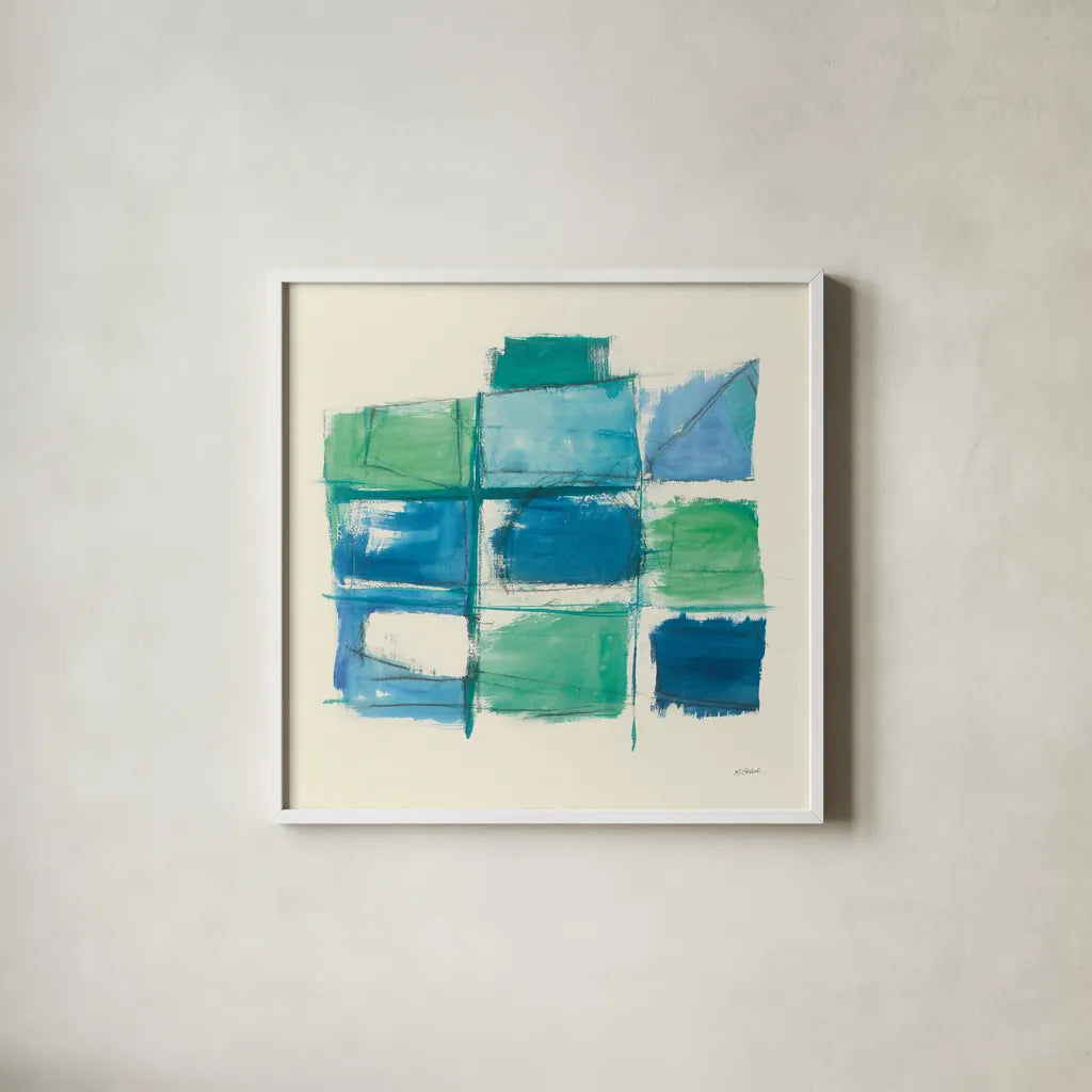 131 West 3rd Street Square III by Mike Schick. Shown in a crisp white glass frame for a clean and minimalist style. Available as an archival giclee rolled canvas, fine art paper, or poster print. SKU 16624a.