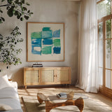 131 West 3rd Street Square III by Mike Schick. Shown in a natural wood frame in a cozy modern living room. Available as an archival giclee rolled canvas, fine art paper, or poster print. SKU 16624a.