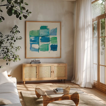 131 West 3rd Street Square III by Mike Schick. Shown in a natural wood frame in a cozy modern living room. Available as an archival giclee rolled canvas, fine art paper, or poster print. SKU 16624a.