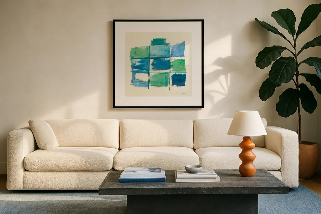 131 West 3rd Street Square III by Mike Schick. Displayed in a glass frame with matte in a clean modern living room. Available as an archival giclee rolled canvas, fine art paper, or poster print. SKU 16624a.