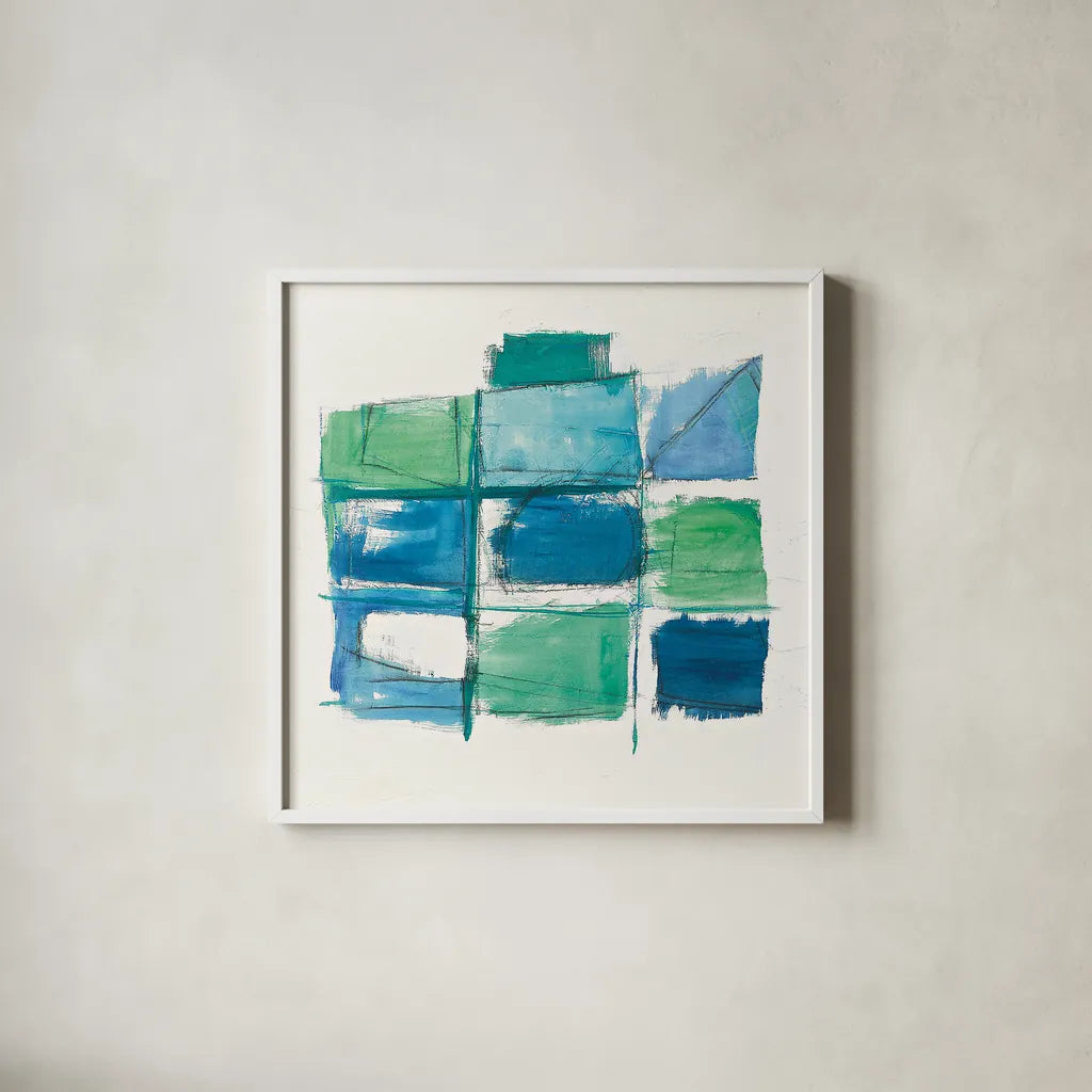 131 West 3rd Street Square III on White by Mike Schick. Shown in a crisp white glass frame for a clean and minimalist style. Available as an archival giclee rolled canvas, fine art paper, or poster print. SKU 25706a.